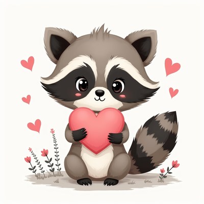 Cute raccoon holds heart with flowers