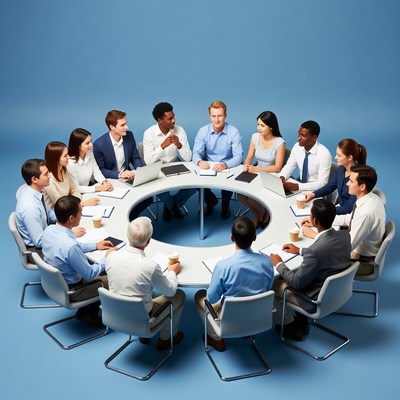 Team meeting around circular table