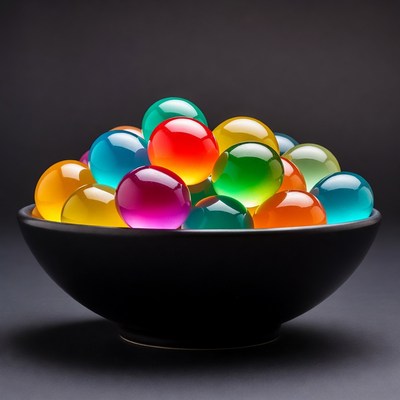Colorful orbs in black bowl display