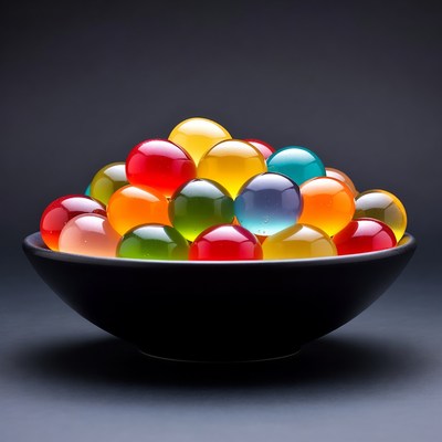 Colorful gel spheres in a bowl
