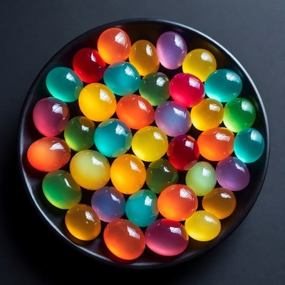 Colorful jelly orbs on dark plate