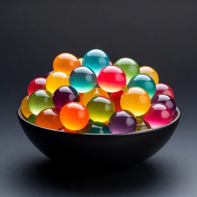 Colorful spheres in a black bowl