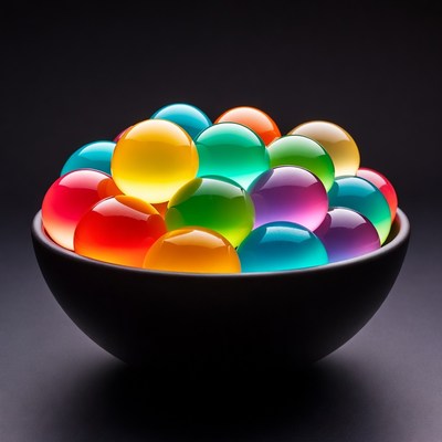 Colorful spheres in a black bowl