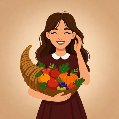 Girl holds harvest basket with fruit