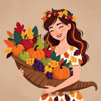 Woman holding cornucopia full of fruits