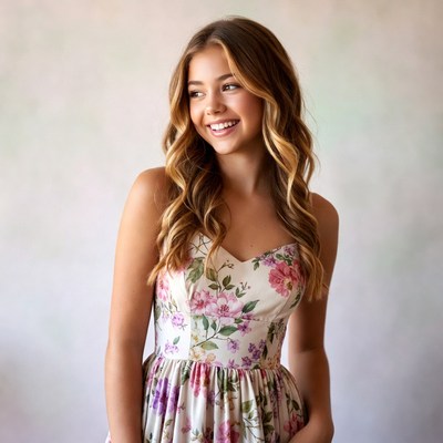 Girl in floral dress smiles