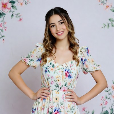 Young woman poses in floral dress