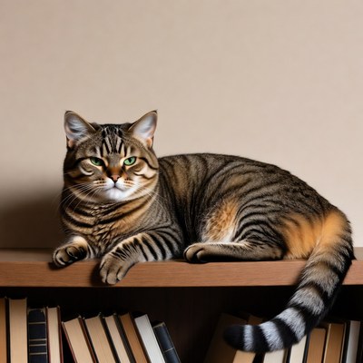 Cat resting on bookshelf in room