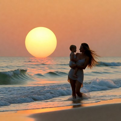 Mother and child at sunset beach