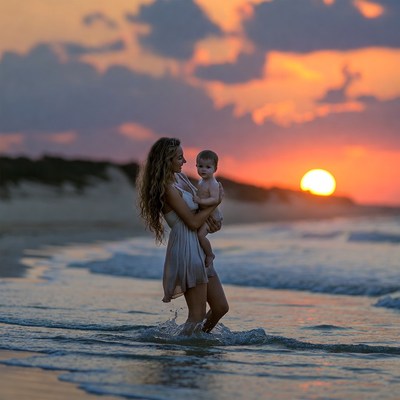 Mother and child by the beach at sunset
