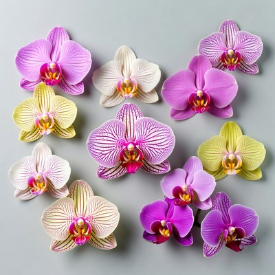 Colorful orchids arranged on a surface