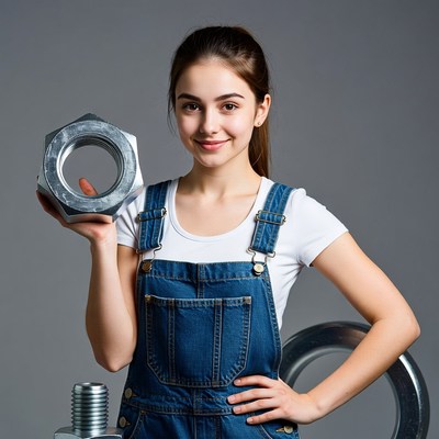 Young woman holding metal nut