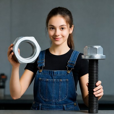 Young girl holding large hardware items