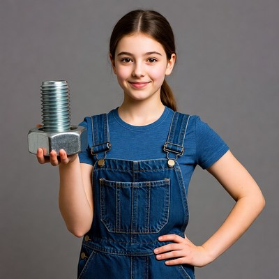 Young girl holding a large bolt