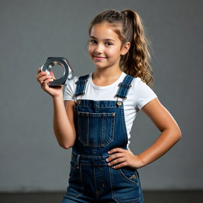 Girl holding a large metal nut