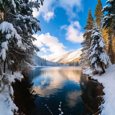 Snowy river scene in winter