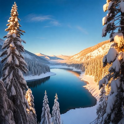 Snowy landscape by a river in winter