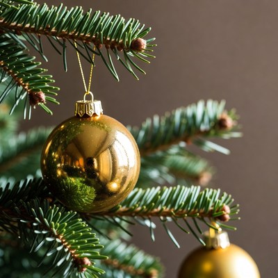 Golden ornament on christmas tree branch