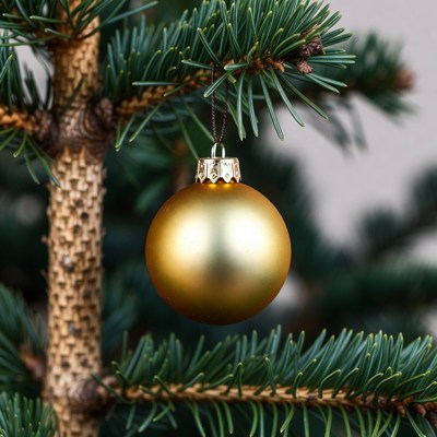 Golden ornament hanging on a tree branch
