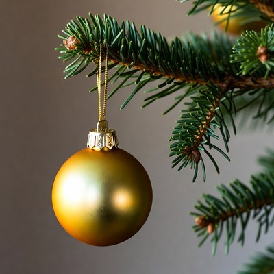 Golden ornament hangs on tree