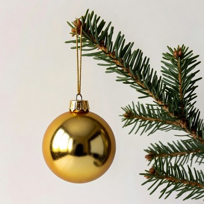 Gold ornament hangs on tree