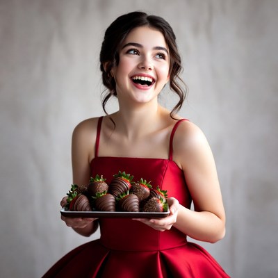 Girl holding chocolate strawberries with smile