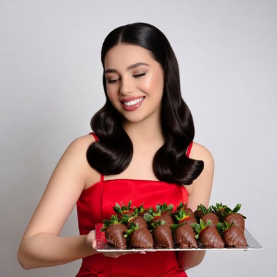 Woman holds tray of chocolate strawberries