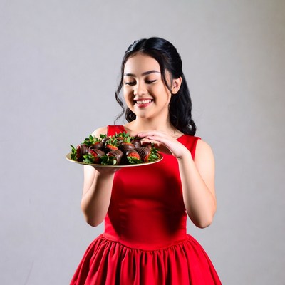 Woman holds plate of strawberries