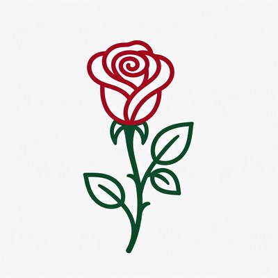 Single red rose with green stem and leaves