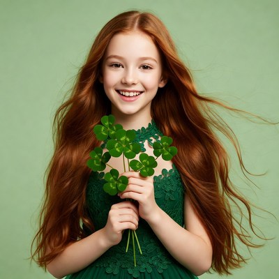 Girl holding clovers in green dress