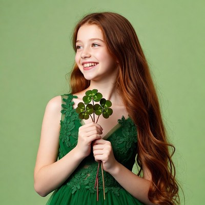 Girl with clovers in green dress