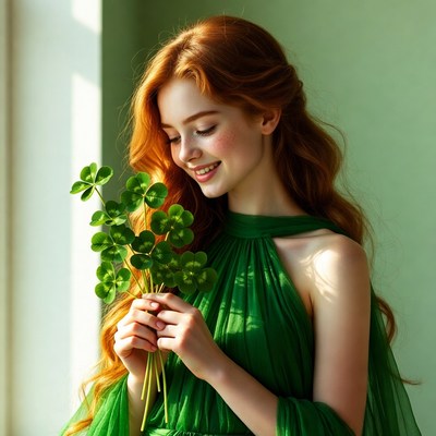Woman with clovers in green dress