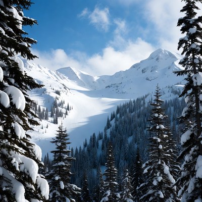 Snowy mountains with pine trees in winter