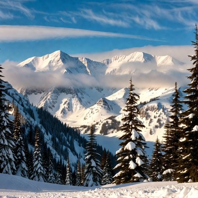 Snowy mountains with trees in winter