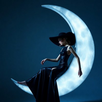 Model sits on crescent moon at night