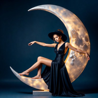 Model poses on moon structure at night