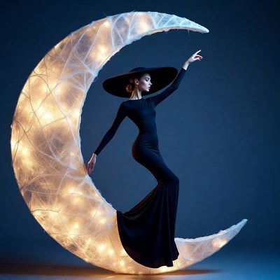 Woman in black dress on illuminated moon
