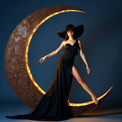 Model posing on crescent moon
