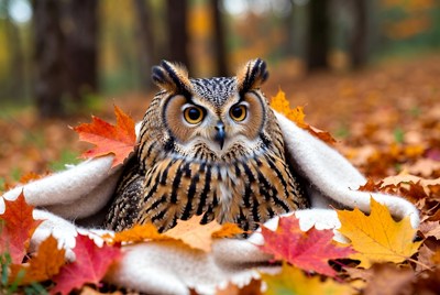 Owl resting on autumn leaves