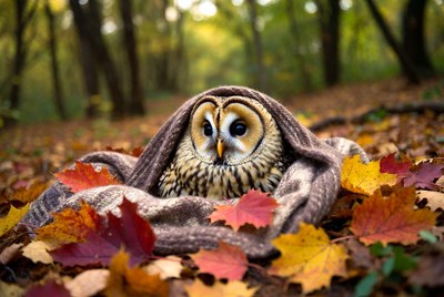 Owl resting on a blanket in autumn leaves