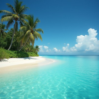 Tropical beach with clear water and palm trees