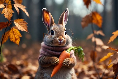 Rabbit in forest holding carrot