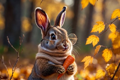 Rabbit holding carrot in autumn woods