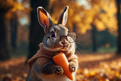Rabbit wearing glasses holds carrot
