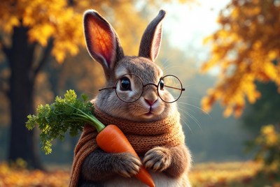 Rabbit holding carrot in autumn setting
