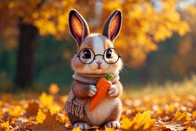 Rabbit holds carrot in autumn