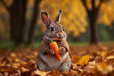 Rabbit holding a carrot in autumn