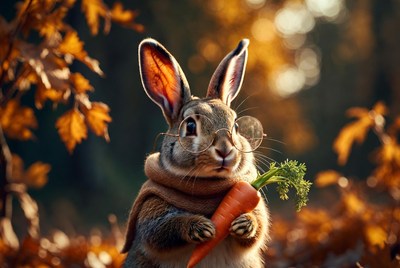 Rabbit in forest with carrot