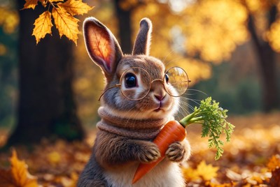 Rabbit holding a carrot in autumn