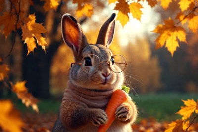 Rabbit holding carrot in autumn park